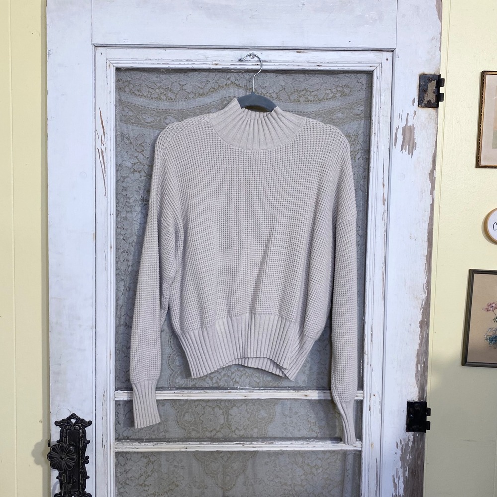 Cyrus Tan Waffle Knit Mock Neck Sweater Large